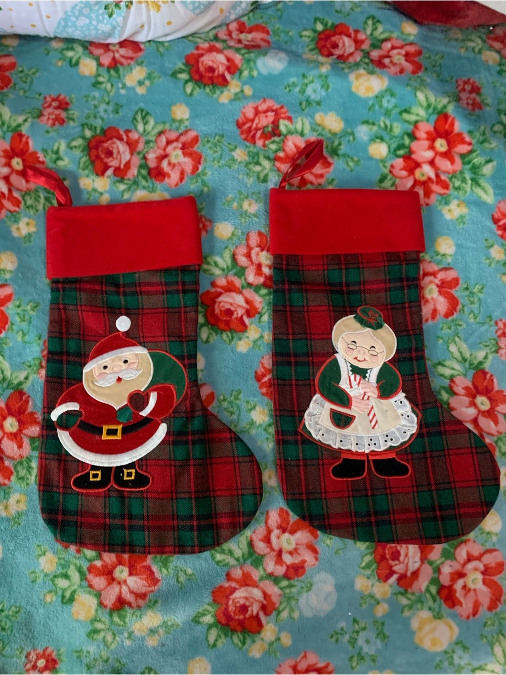 Red & Green Christmas Plaid Mr & Mrs Santa Claus Stockings Embroidered Details